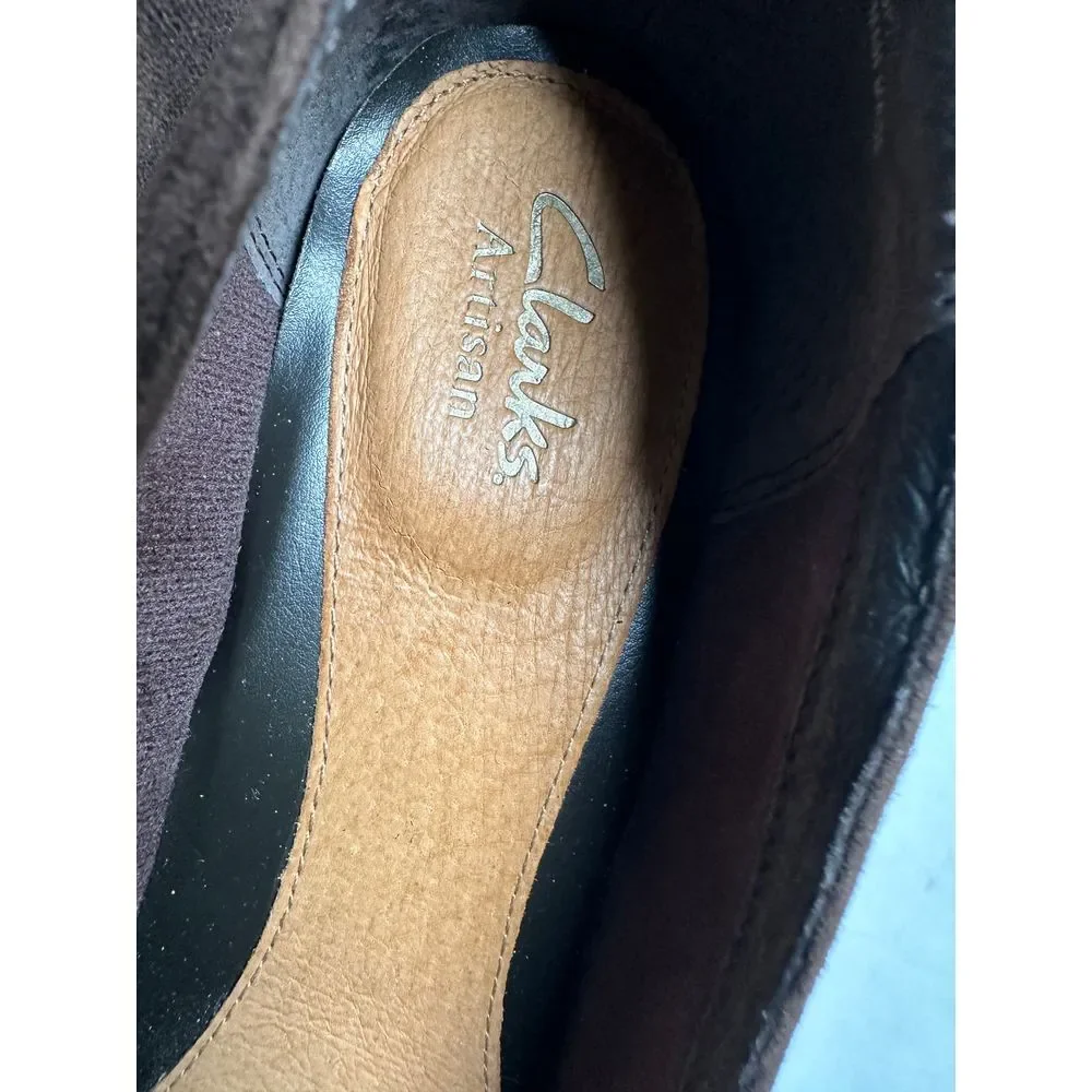 Clark's Elegant Brown Suede Wedge‎ Loafers Comfortable Slip-On Shoes